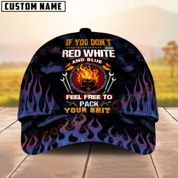 Joycorners Mechanic 3D Skull Fire Cap – Red White & Blue Patriotic Flames Custom Name Hat
