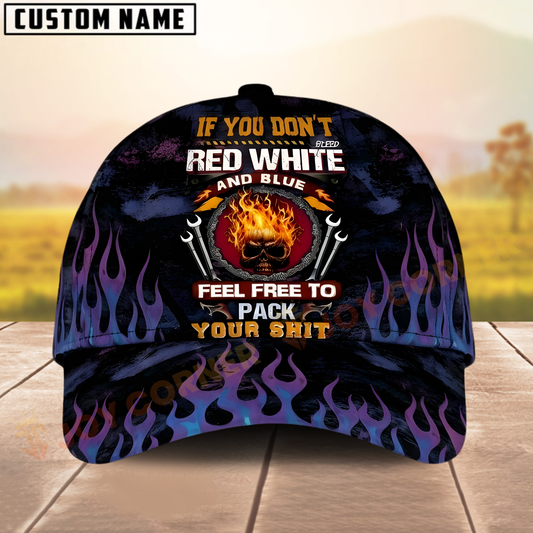 Joycorners Mechanic 3D Skull Fire Cap – Red White & Blue Patriotic Flames Custom Name Hat