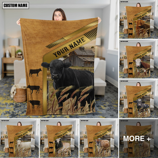 Joycorners Cattle Cow Leather Patch Rustic Farm Pattern Personalized Name 3D Blanket (10 Breeds)