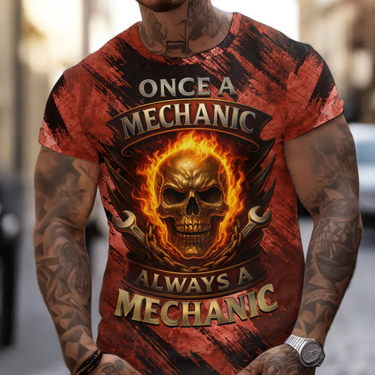 Joycorners Once A Mechanic Always A Mechanic Shirt Funny Printed Vintage Mechanic Unisex T Shirt Flame Skull Design Design PT2609