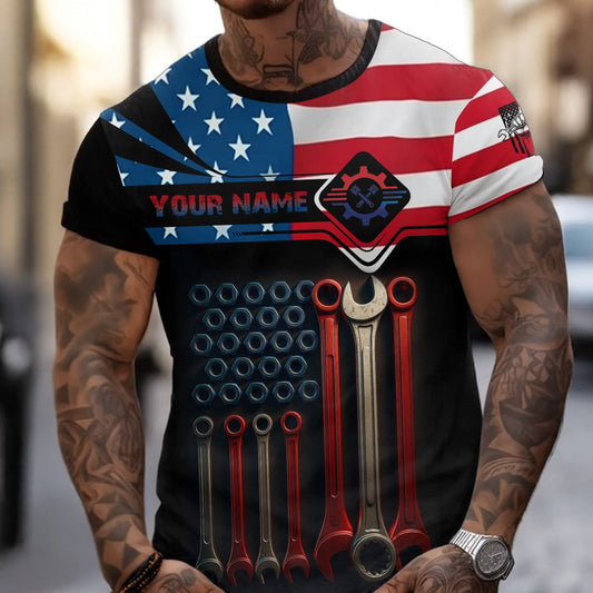 Joycorners Custom Name Mechanic Shirt Wrenches with American Flag Design T Shirt PT2609