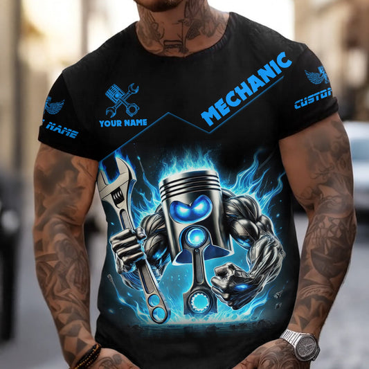 Joycorners Custom Name Mechanic Shirt Blue Flame Muscle Engine Piston Holding Wrench T Shirt PT2609