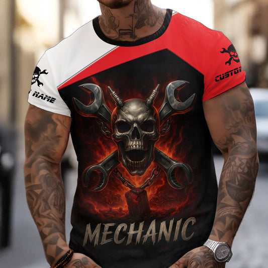 Joycorners Custom Name Mechanic Shirt Wrench Flame Skull Design T Shirt PT2609