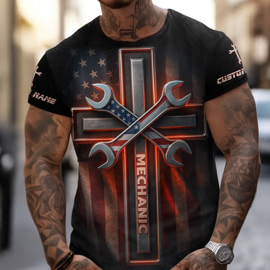 Joycorners Custom Name Mechanic Shirt Wrench The Cross with USA Flag Design T Shirt PT2609
