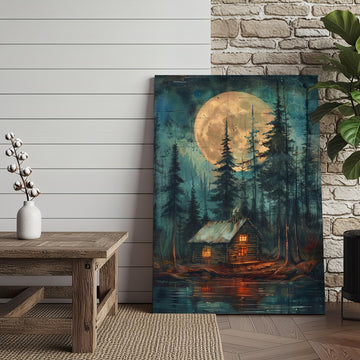 Joycorner Cabin in the Woods Full Moon Night Landscape Canvas