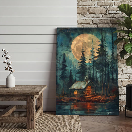 Joycorner Cabin in the Woods Full Moon Night Landscape Canvas