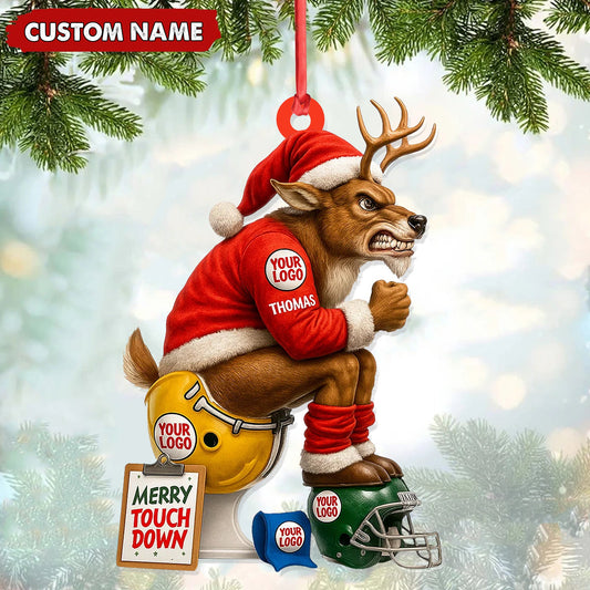 Joycorners Personalized Football Christmas Ornament, Custom Reindeer Santa Touchdown Decoration, Funny Custom Name Team Logo Gift MT2411