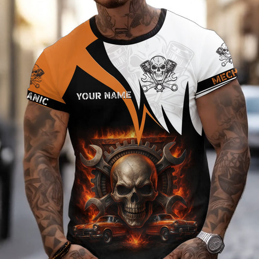 Joycorners Custom Name Mechanic Shirt Flame Skull Wrench Gear Vintage Car Design T Shirt PT2609