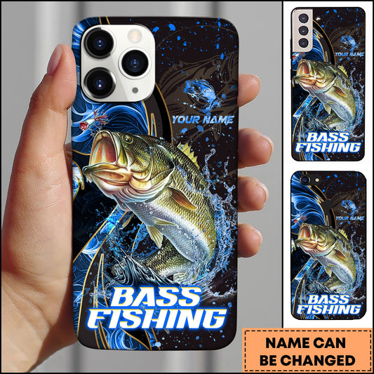 Joycorners Bass Fishing Blue Flame Smoke Line Premium Style Sport Personalized Name Phone Case