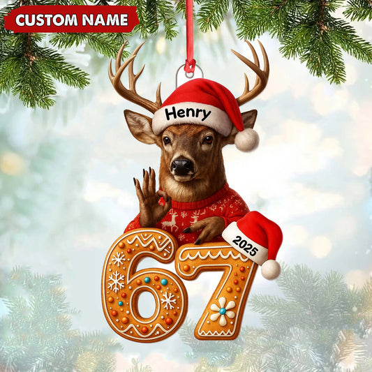 Joycorners Personalized Deer Christmas Ornament, 67 Gingerbread Number Decoration 2025, Funny Buck Birthday Holiday Tree Gift MT2411