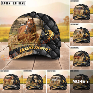 Joycorners Horse Black Leather Luxury Gold Pattern Personalized Name Cap (8 Breeds)