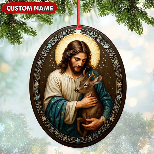 Joycorners Custom Jesus Holding Deer Christmas Ornament, Personalized Name Christian Tree Decoration, Religious Woodland Gift for Faith Family MT2411