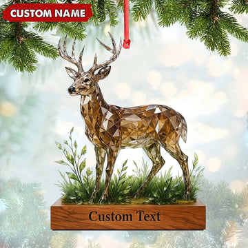 Joycorners Personalized Geometric Deer Christmas Ornament, Custom Name Buck Hunter Gift, Crystal Style Woodland Holiday Decor MT2411