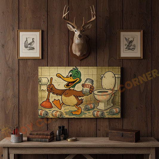 Joycorners Duck Cartoon with Beer Cans in Bathroom Wrapped Canvas