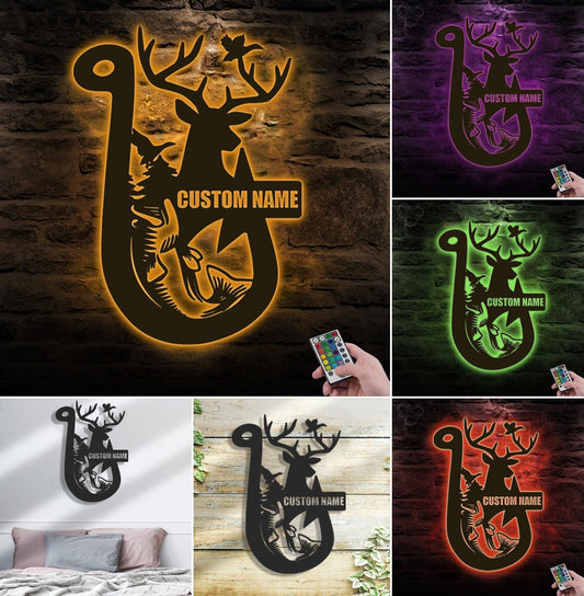 Maxcorners Personalized Hunting Metal Sign WITH LED/WITHOUT LED Light Fishing Wall Art Deer Head Sign Hunter Gift Duck Hunting Sign Bass Fishing Decor MT0110