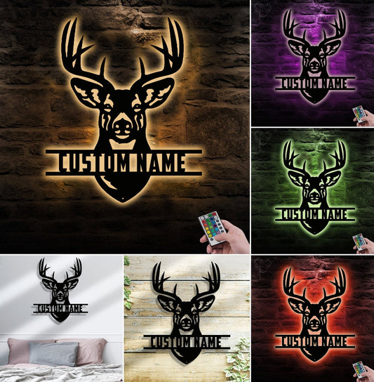 Maxcorners Personalized Buck Hunting Metal Sign WITH LED/WITHOUT LED Light Rustic Deer Head Wall Art Hunter Gift Cabin Man Cave Decor MT0110
