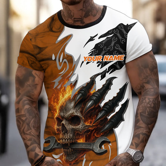 Joycorners Personalized Mechanic Shirt, Skull Wrench Flame Claw Design, Mechanic Uniforms, Gift For Men PT2609