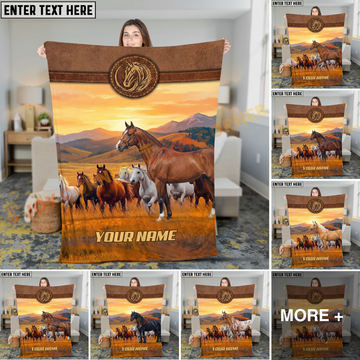 Joycorners Horse Western Sunset Running Herd Landscape Leather Badge Personalized Name 3D Blanket (8 Breeds)