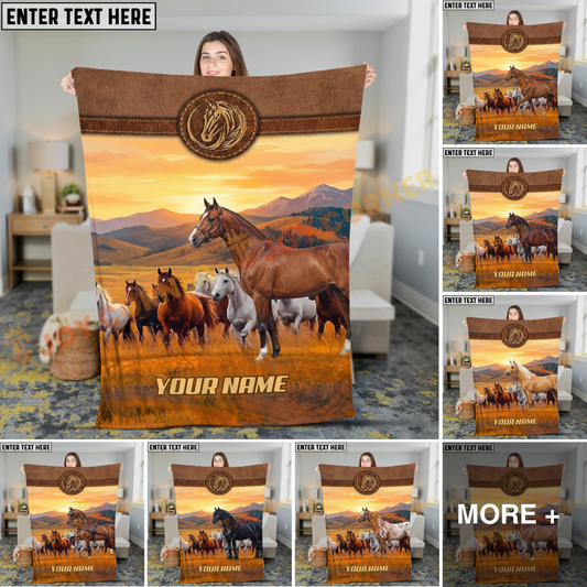 Joycorners Horse Western Sunset Running Herd Landscape Leather Badge Personalized Name 3D Blanket (8 Breeds)
