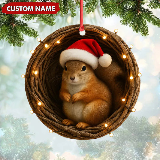 Joycorners Personalized Squirrel Christmas Ornament, Custom Name Woodland Nest Santa Hat Decoration, Cute Holiday Tree Hanging Gift for Animal Lovers MT2411