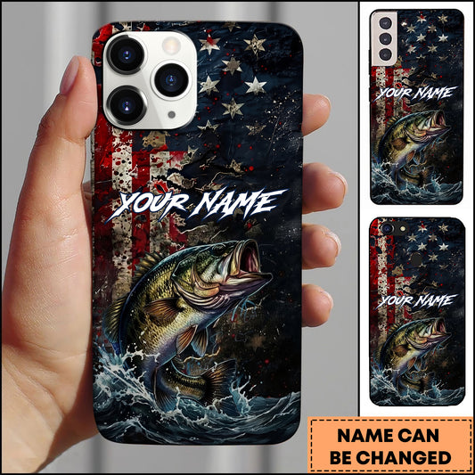 Joycorners Bass Fishing Phone Case  Vintage USA Flag Grunge Wave Art Personalized Name Phone Case