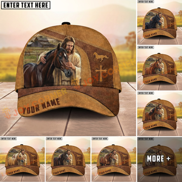 Joycorners Jesus Embracing Horse Farm Scene Western Leather Art Personalized Name Cap (8 Breeds)