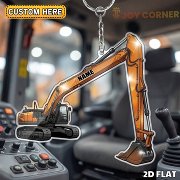 Joycorners Excavator 2D Keychain Orange Heavy Machinery Side View Personalized Name