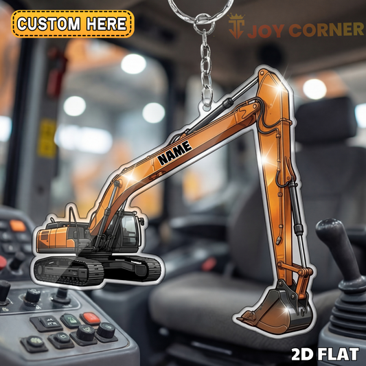 Joycorners Excavator 2D Keychain Orange Heavy Machinery Side View Personalized Name
