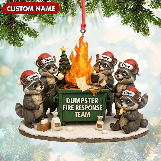 Joycorners Personalized Dumpster Fire Response Team Christmas Ornament, Custom Name Raccoon Office Crew Gift, Funny Workplace Dumpster Fire Holiday Decor MT2411