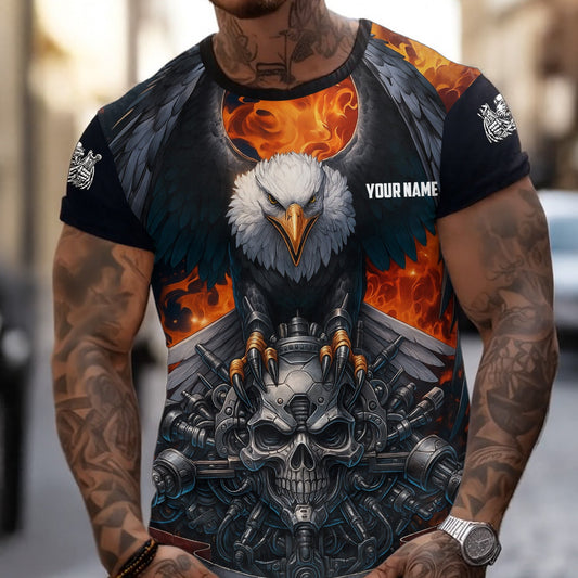 Joycorners Custom Name Funny Eagle Mechanic Skull Unisex Black T Shirt PT2609