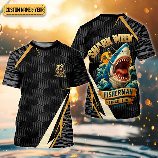 Joycorners Shark Week Hexagon Pattern Black Fishing Shirt, SPF Shirt For Men, Men's Fishing Shirt