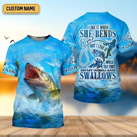 Joycorners I Love It When She Tugs On My Worm And Swallows Blue Fishing Shirt, SPF Shirt For Men, Men's Fishing Shirt