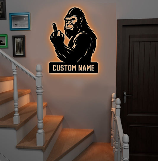 Maxcorners Personalized Bigfoot Metal Sign WITH LED/WITHOUT LED Light, Funny Sasquatch Middle Finger Wall Art, Hunter Gag Gift for Man Cave or Garage MT0110