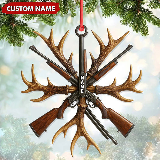 Joycorners Custom Name Hunting Ornament, Antlers and Rifles Christmas Decor for Hunters MT1111
