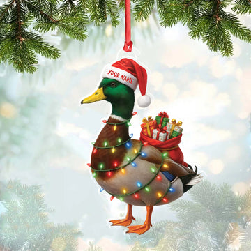 Joycorners Funny Christmas Duck Acrylic Ornament – Mallard Santa with Lights and Gifts, Personalized Holiday Decoration for Duck Lovers, Unique Hunter Christmas Gift MT1111