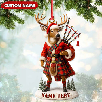 Joycorners Personalized Scottish Deer Ornament, Custom Name Highland Bagpiper Christmas Decoration MT1111