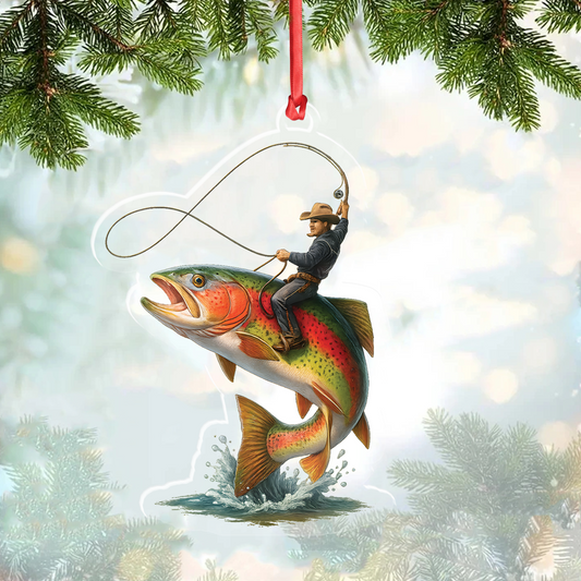 Joycorners Personalized Funny Fishing Acrylic Ornament – Cowboy Riding Fish Christmas Decoration for Fishermen MT1111