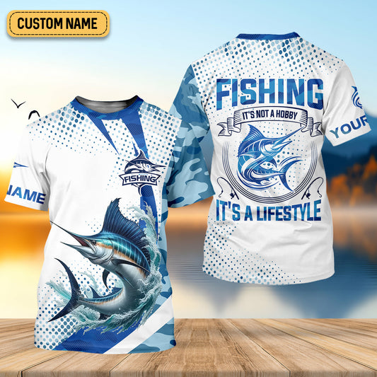Joycorners Fishing It's Not A Hobby It's A Lifestyle Blue Camo Fishing UPF Shirts, Blue Marlin Fishing Shirts For Men