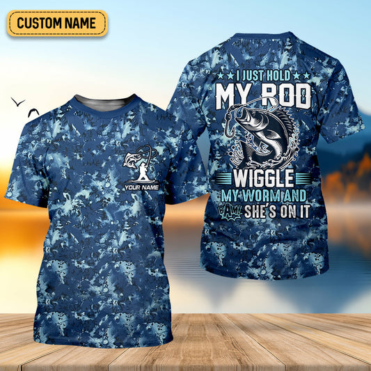 Joycorners I Just Hold My Rod Wiggle My Worm And Bam! She's On It Funny Fishing Shirt, SPF Shirt For Men, Gift For Fisherman