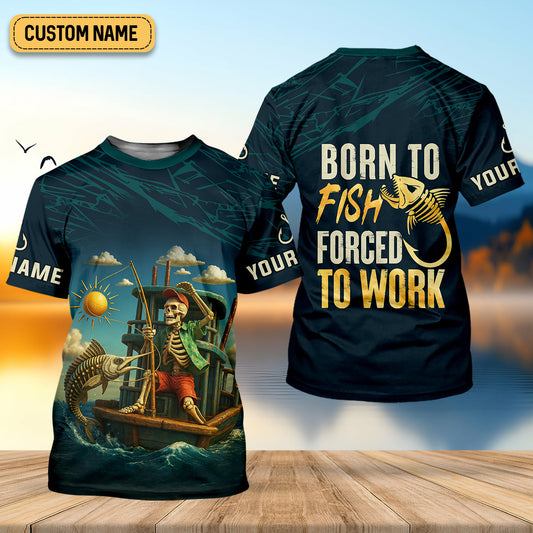 Joycorners Born To Fish Forced To Work Funny Skeleton Fishing UPF Shirts, Presents For Fishermen, Men's Fishing Shirt