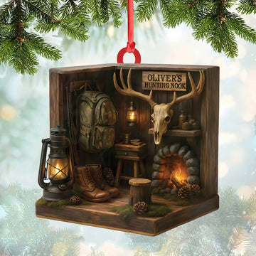 Joycorners Personalized Hunting Cabin Ornament, Custom Name Deer Antler Lodge Christmas Decoration MT1111
