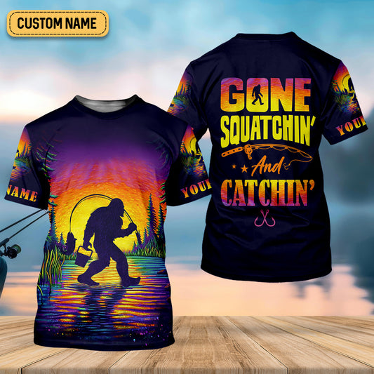 Joycorners Gone Squatchin And Catching Sunset Fishing UPF Shirts, Funny Fishing Shirt, Sasquatch Fishing Shirts For Men