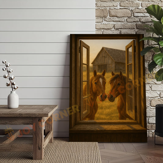 Joycorners Two Horses at Rustic Barn Window Country Farmhouse Wrapped Canvas Wall Art