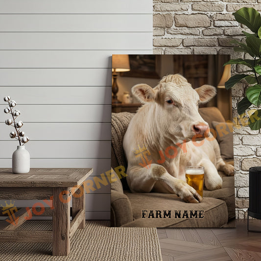 Joycorners Cattle Cow Cozy Farmhouse Charolais Cow Relaxing On Sofa Personalized Name Canvas