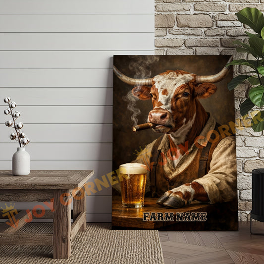 Joycorners Cattle Cow Farmhouse Texas Longhorn  Drinking Beer Personalized Name Canvas