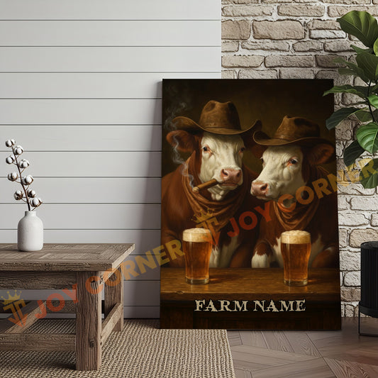 Joycorner Hereford Cow Pair Brown Cowboy Beer Bar – Personalized Farm Name 3D Wrapped Canvas