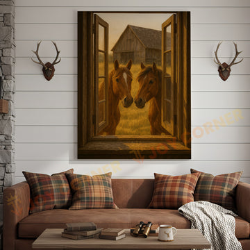 Joycorners Two Horses at Rustic Barn Window Country Farmhouse Wrapped Canvas Wall Art