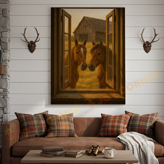 Joycorners Two Horses at Rustic Barn Window Country Farmhouse Wrapped Canvas Wall Art