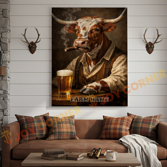 Joycorners Cattle Cow Farmhouse Texas Longhorn  Drinking Beer Personalized Name Canvas