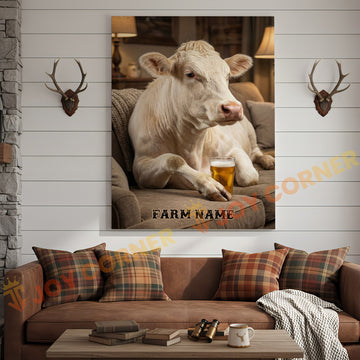Joycorners Cattle Cow Cozy Farmhouse Charolais Cow Relaxing On Sofa Personalized Name Canvas